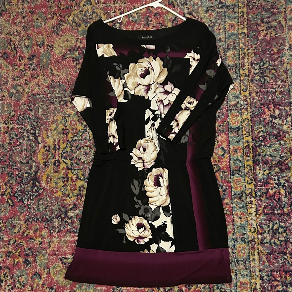 White House Black Market Black Midi - Cream, Gray, and Purple Floral Design